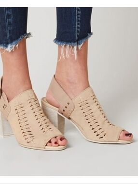 Naughty Monkey Blone Suede Leather Braided Slinback Open Toe Chunky Heel Sandals